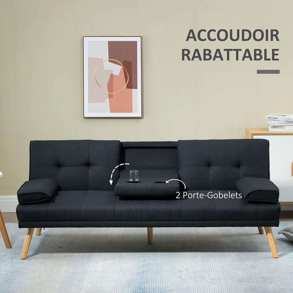 HOMCOM Canapé Convertible 3 Places, canapé-lit rembourré avec Dossier réglable 3 Niveaux, 2 Coussins et 2 Porte-gobelets intégrés, Tissu de Lin, pour Salon, Chambre d'amis, Petit Espace, Gris