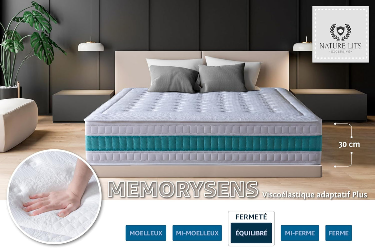 NATURELITS Matelas 180X200 cm Ferme Moyenne Haut Confort Double Hiver Été Noyau à Ressort Ensaché Ressorts Ensachés Mousse à Mémoire Couleur Gris Serene Hybrid Épaisseur 30 cm