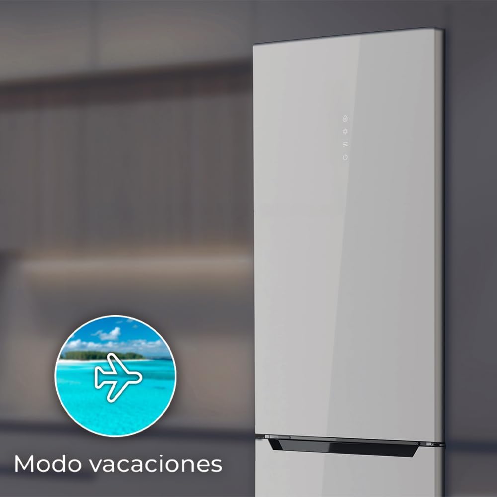 Cecotec Réfrigérateur combiné Bolero CoolMarket Combi 356 White Glass E. 356L, Total No Frost, Multi Airflow, Mode Vacances, Humidity Box, porte réversible, alarme de porte.