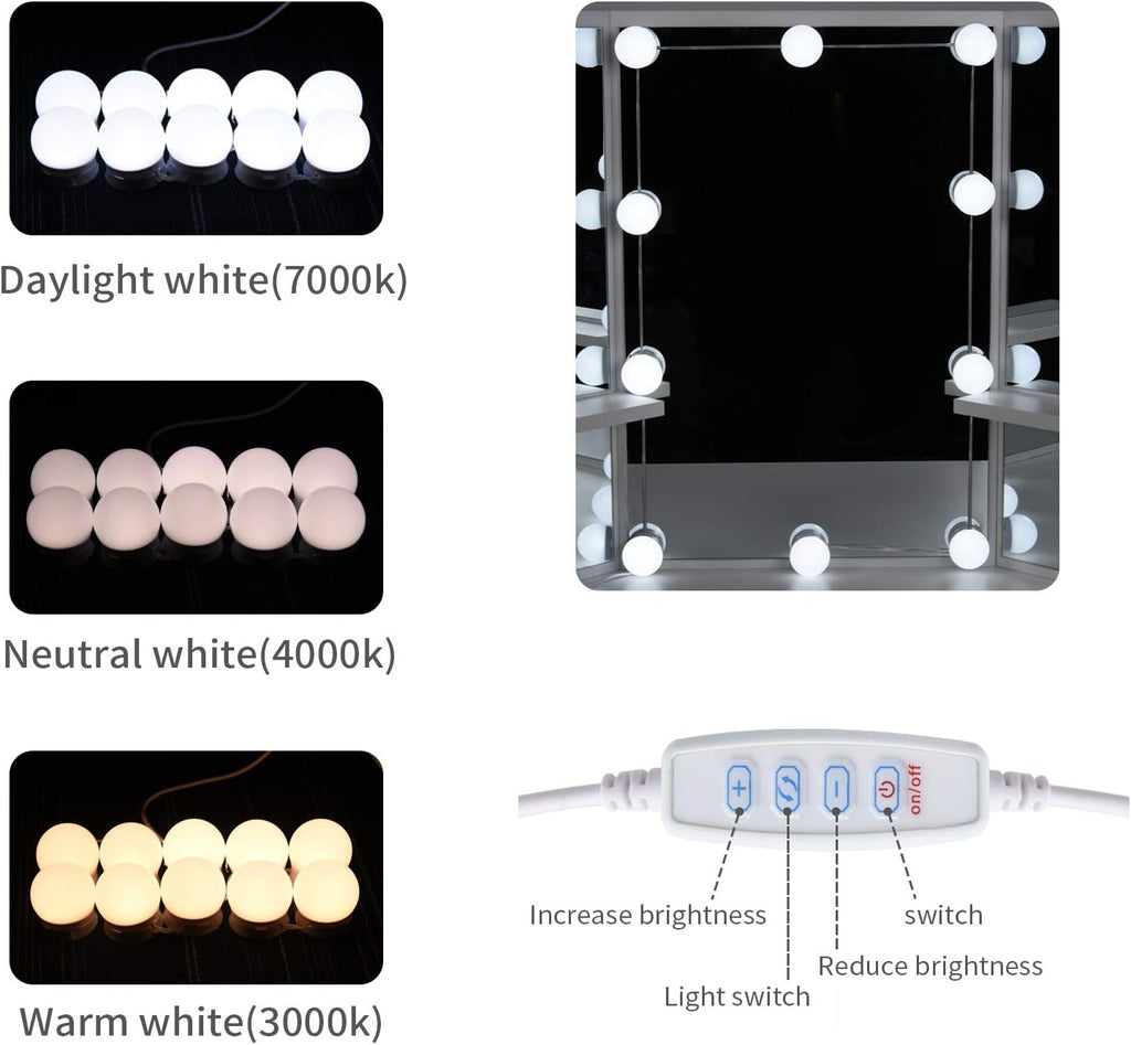LEMROE Coiffeuse d'angle avec Miroir à LED Réglable, Table de Maquillage avec 5 Tiroirs et Tabouret - Coiffeuse avec 3 Miroirs et Grand Espace de Rangement