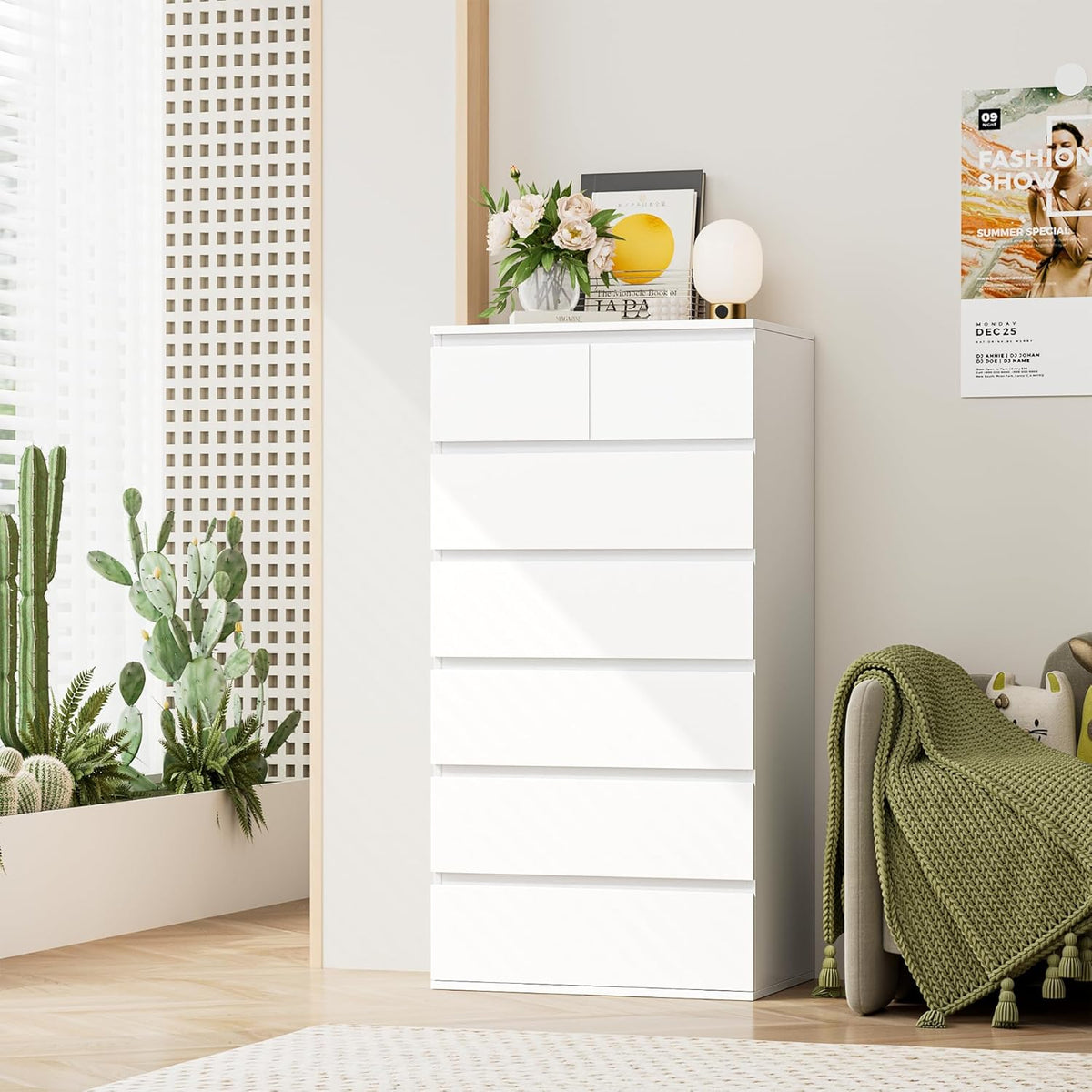 FOREHILL Commode 7 Tiroirs Commode Chambre Adulte Chiffonnier Haut Commodes Rangement Blanche Armoire à Tiroirs pour Salon Couloir en Bois 60x40x119cm