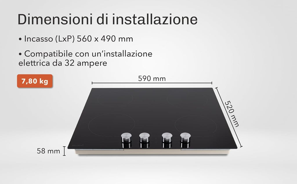 Plaque à Induction 59 cm - 4 Foyers, 6000 W, Commandes par Manettes - Beldeko