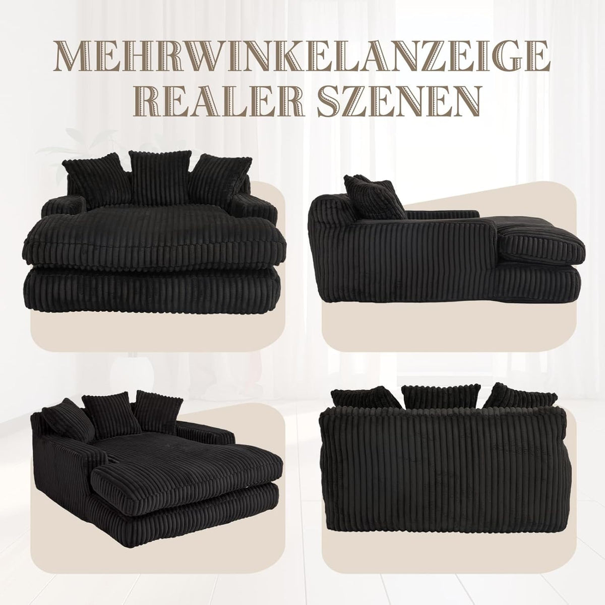 KOMHTOM Canapé-lit Moderne, Canapé Sol pour Les Paresseux, avec 3 Coussins, sans Installation, Idéal pour Chambre, Salon ou cinéma Maison (Noir)