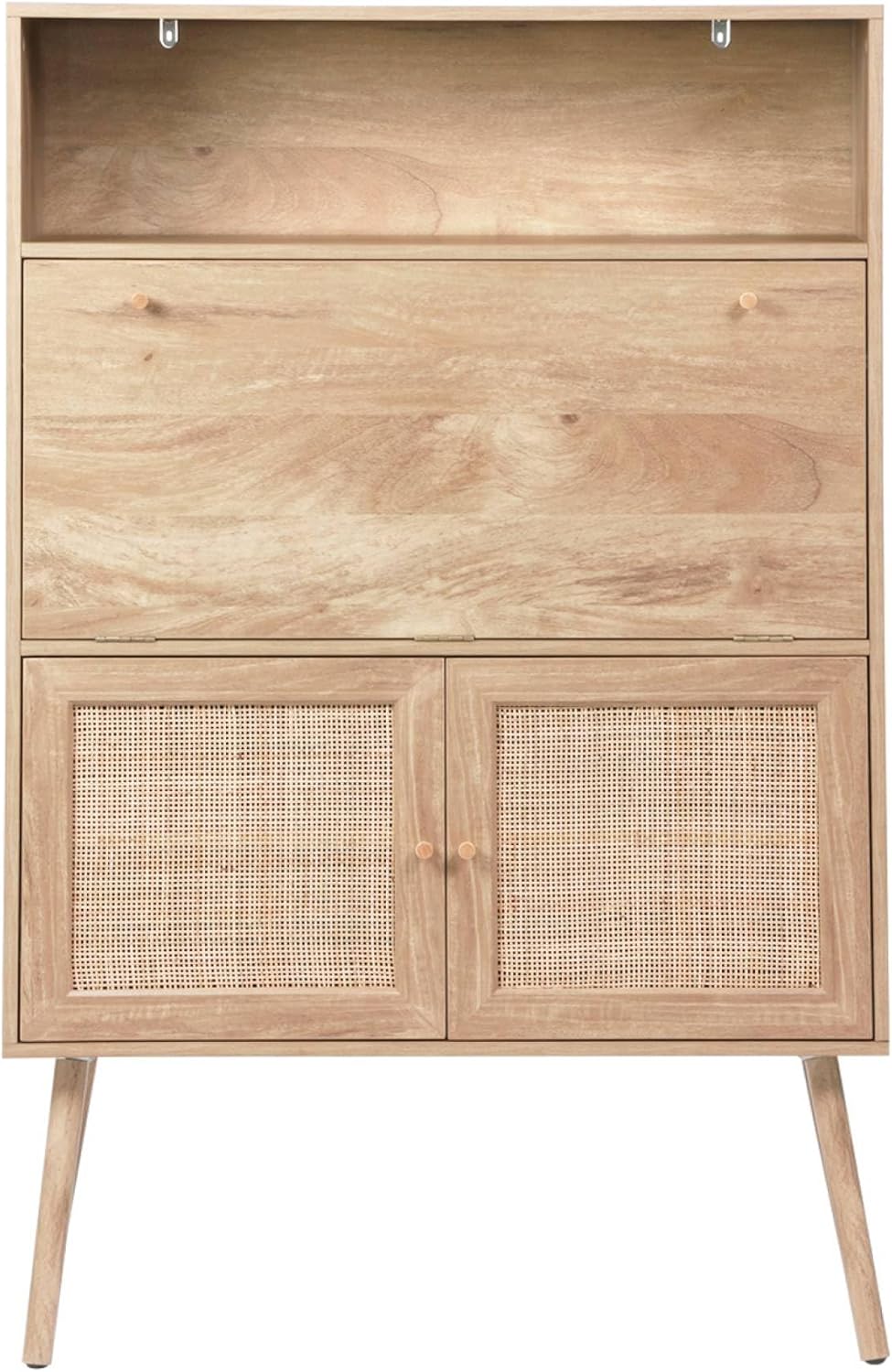sweeek - Bureau secrétaire. 2 Portes en cannage. étagères. décor Bois. Pieds en Bois de Sapin