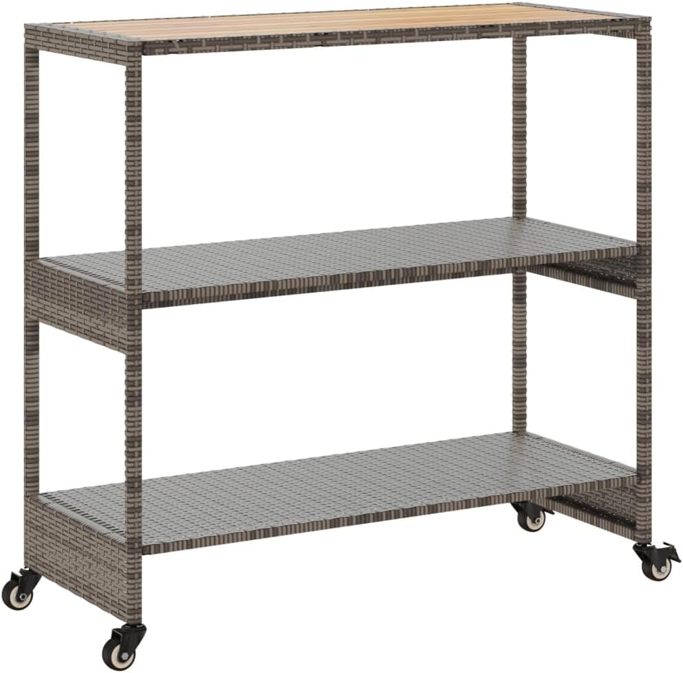 Tomostar Desserte de Jardin, Chariot de Bar Desserte Extérieur 3 Niveaux Gris rotin et Bois d'acacia Massif