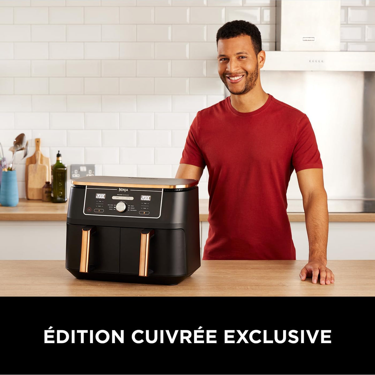 NINJA Foodi MAX Dual Zone Air Fryer, 2 Tiroirs, 9,5L, 6-en-1, Sans Huile, Air Fry, Max Crisp, Rôtir, Cuire, Paniers Antiadhésifs Lavables Au Lave-Vaisselle, Cuivre/Noir AF400EUCP