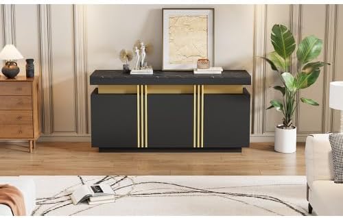 muenfly Buffet moderne avec 3 portes et plan de travail marbré, meuble TV de 140 cm avec tiroirs et compartiments réglables, polyvalent comme armoire de couloir ou commode pour le salon