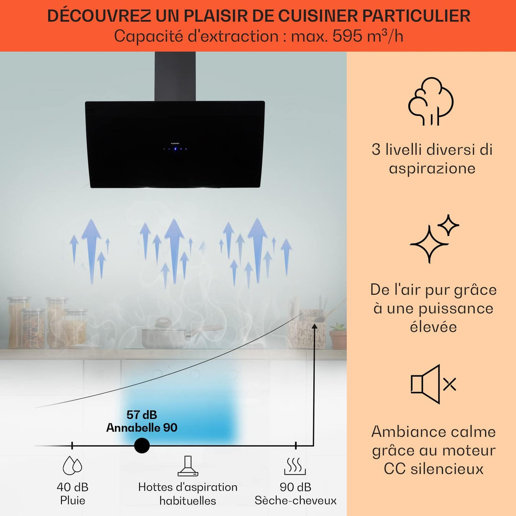 Klarstein Annabelle Hotte aspirante Extracteur de fumée murale Absorption et ventilation 90 cm - noir