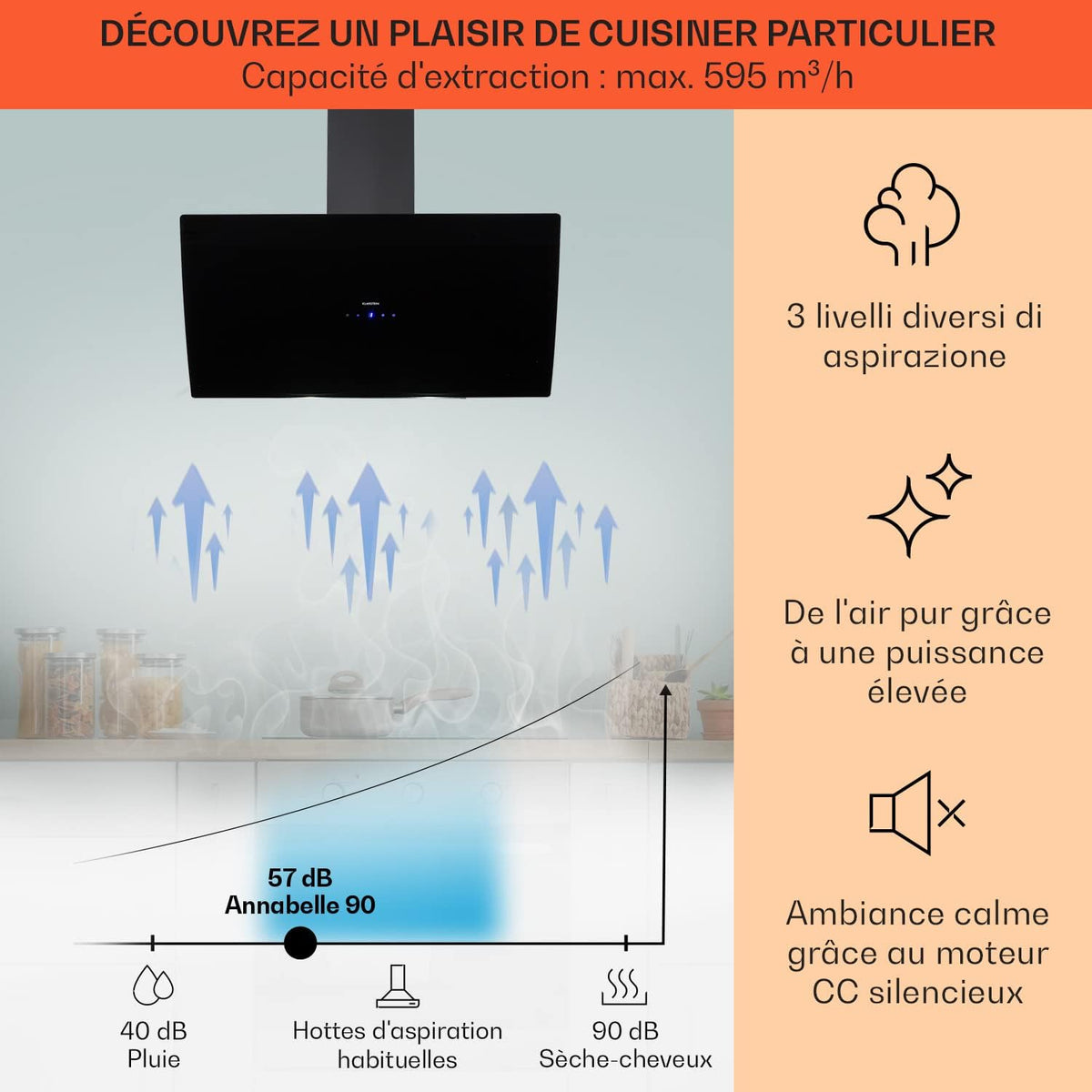 Klarstein Annabelle Hotte aspirante Extracteur de fumée murale Absorption et ventilation 90 cm - noir