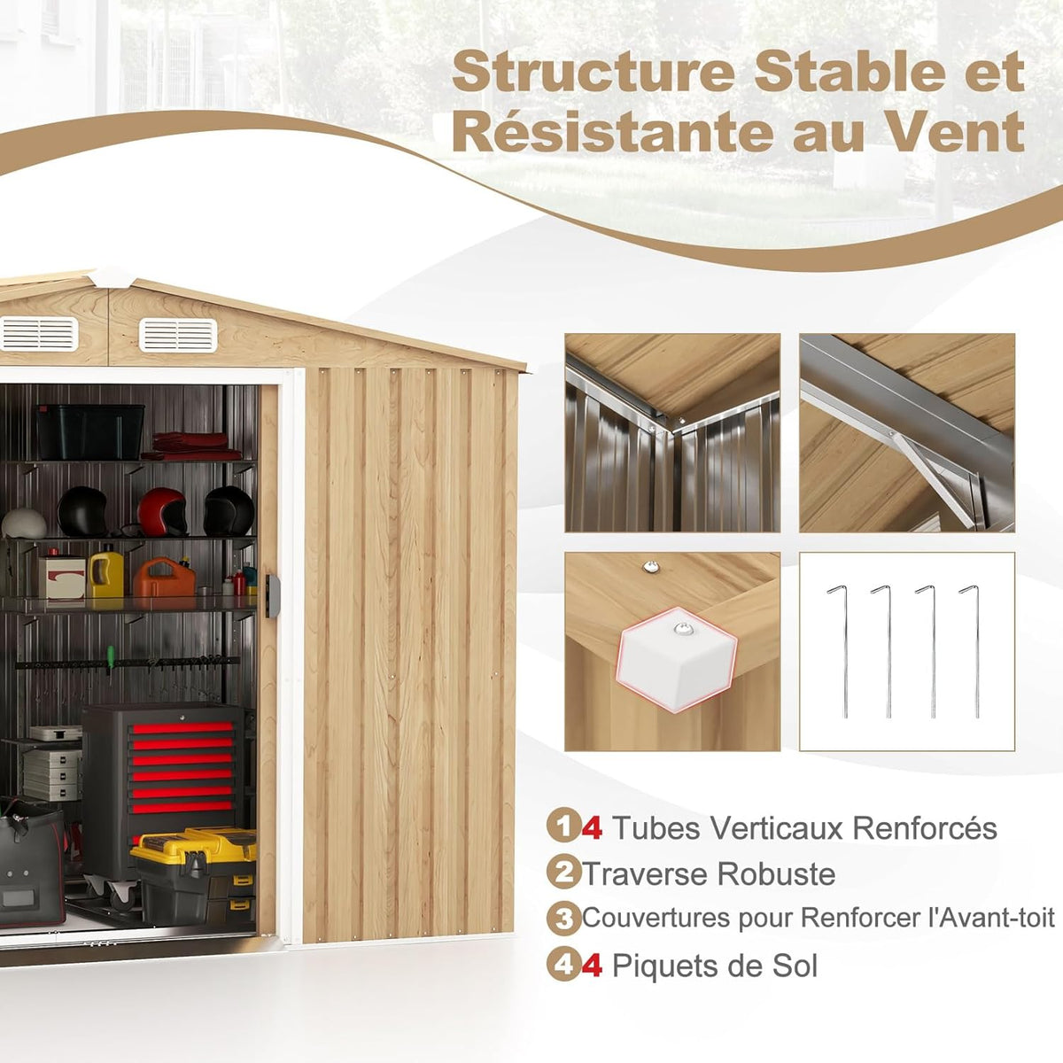 COSTWAY Abri de Jardin 5㎡ en Acier Galvanisé Anti-UV, 259 x 196 x 184 CM, Cabane de Jardin Exterieur 7m³ avec Fondation et Porte Coulissante, Rampe, 4 Trous d’Aération, 4 Gants Inclus