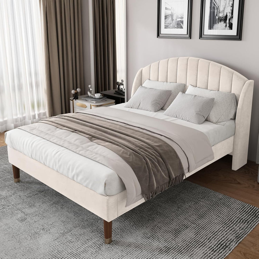 KOMHTOM Lit Double Rembourré en Velours avec Tête de lit, Lit Plateforme pour Adolescents et Adultes,Chambre à Coucher sans Matelas Beige, 160 x 200cm