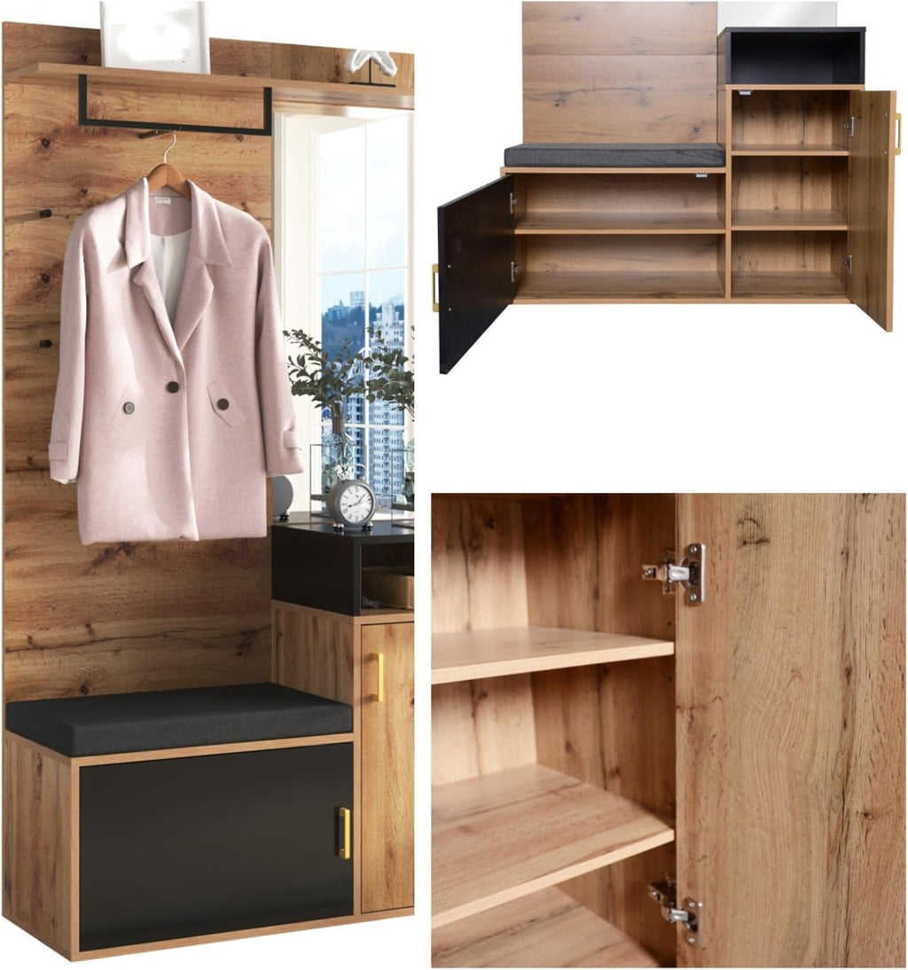 KOMHTOM Buffet à chaussures en grain de bois, armoire de rangement avec crochets, miroir et deux portes, armoire polyvalente pour entrée, couloir, chambre à coucher (C)