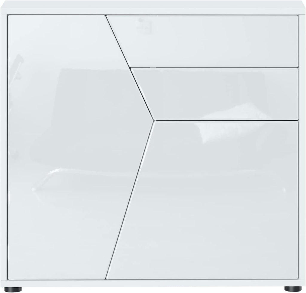 Vladon Buffet Benny, Commode avec 2 Portes et 2 tiroirs, Blanc Mat/Blanc Haute Brillance (79 x 74 x 36 cm)