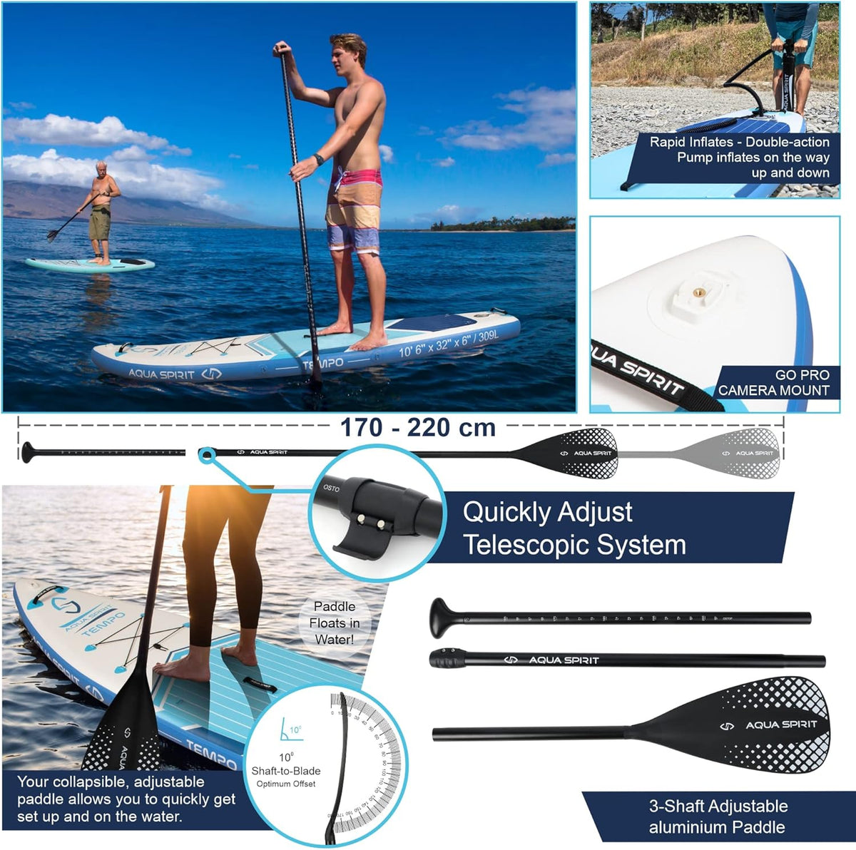 AQUA SPIRIT Tempo Sup Stand up Gonflable Surf Planche de Paddle pour Adulte Unisexe Débutant intermédiaire 320x81x15cm Charge Max 120KG avec Pagaie Réglable, Matelas à Langer Garantie De 2 Ans