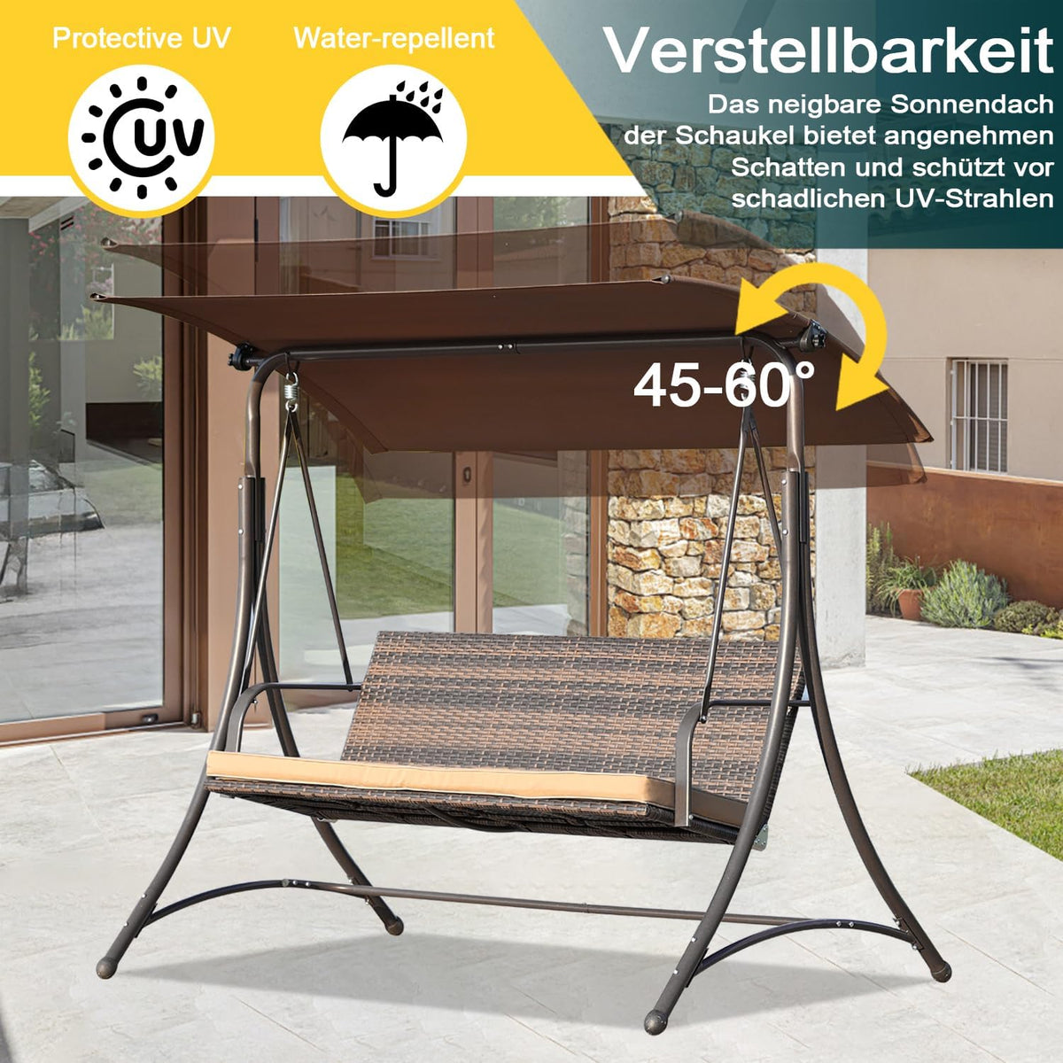 Angel Living Balancelle de Jardin 159T, avec Toit Marron et Chaise en rotin tissé, 170 x 110 x 153 cm 3 Places