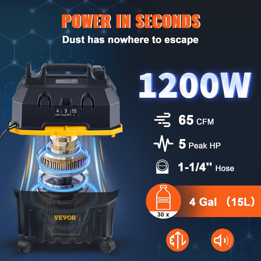 VEVOR Wet & Dry, 4 gallons, 5 Peak aspirateur 3 en 1 avec fonction de soufflage, accessoires portables de nettoyage des sols, tissus d'ameublement, lacunes, voiture, certifié ETL, noir/jaune