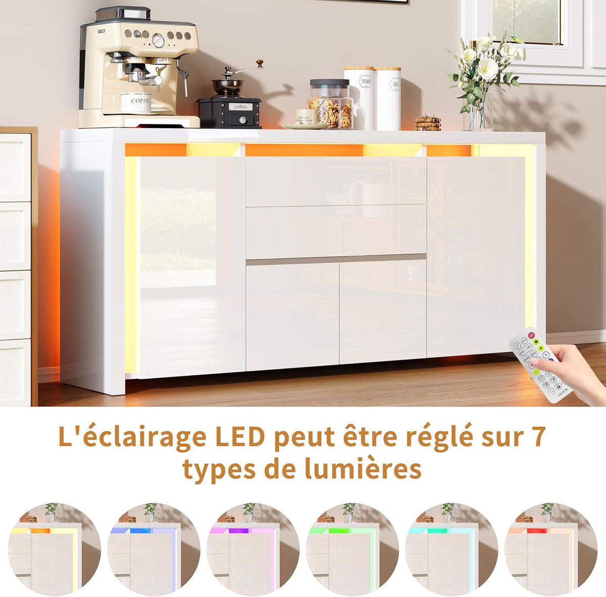 LONELYO Buffet Blanc Laqué 4 Portes2 Tiroirs avec Éclairage LED, Meuble de Rangement Moderne pour Salon, Cuisine ou Entrée, Design Haut Brillant Blanc