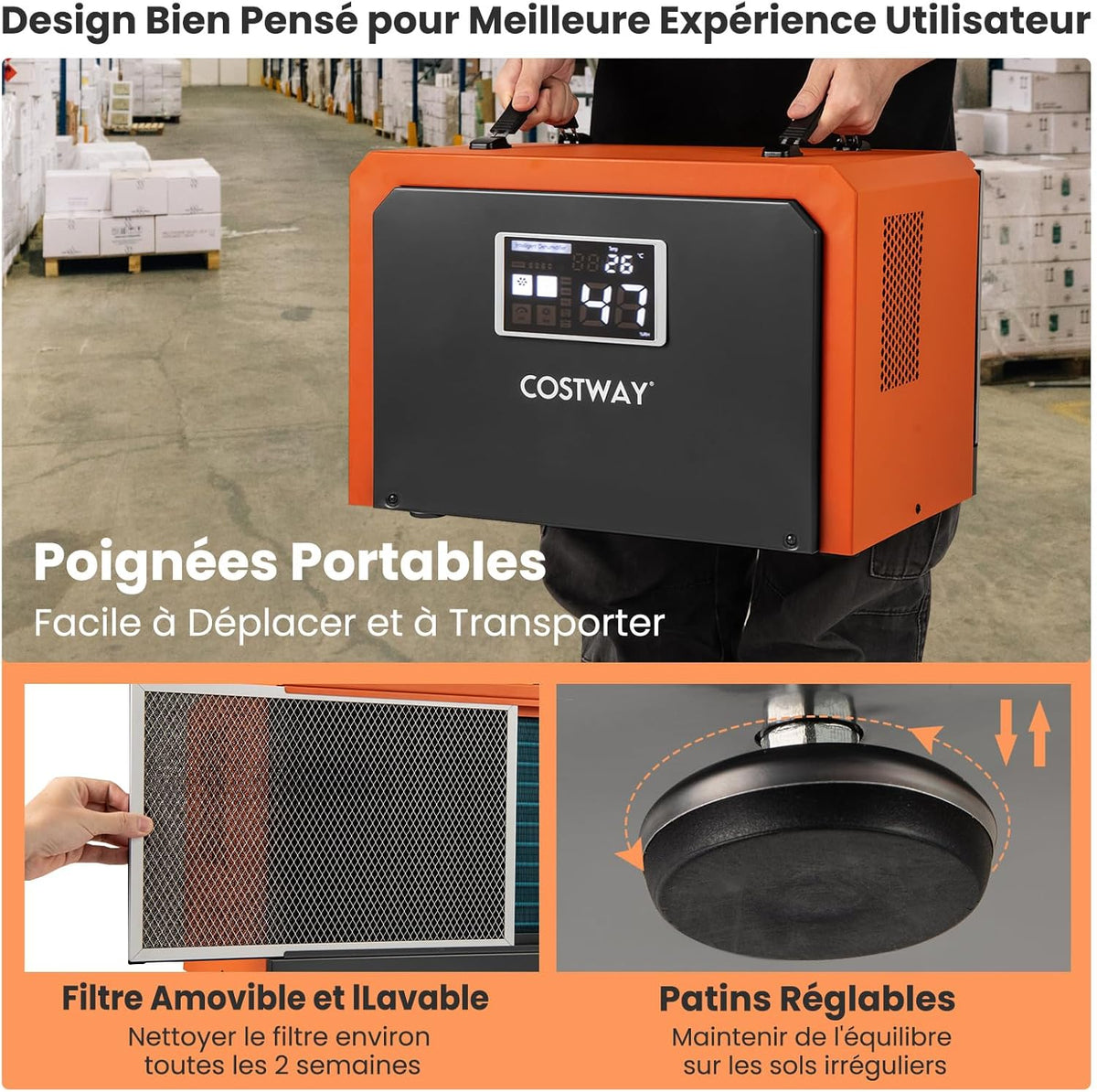 GOPLUS Deshumidificateur d Air Industriel avec Tuyau de Vidange et Écran Intelligent, Filtre Amovible, Déshumidificateur Electrique Portable Efficace, Portable pour Usine, Entrepôt, Sous-sol, Orange