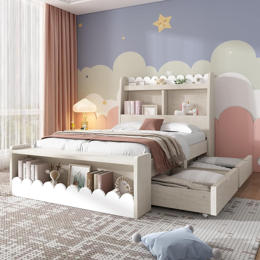 KOMHTOM Lit d'enfant en Bois avec 2 Tiroirs et Espace de Rangement - Lit Simple avec Support à Lattes, 90x200 cm