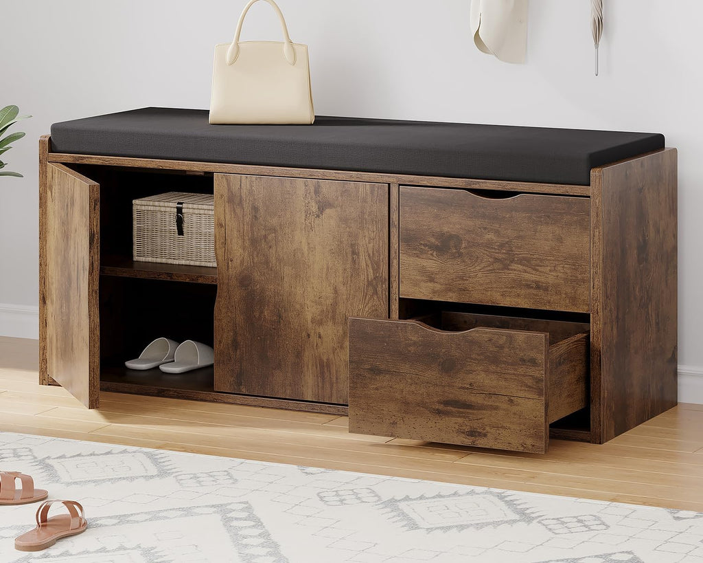 LVB Banc de Rangement Multifonction Banc à Chaussures rembourré avec tiroir pour entrée Salon ou Chambre Couleur Marron Rustique 101 x 45 x 34 cm