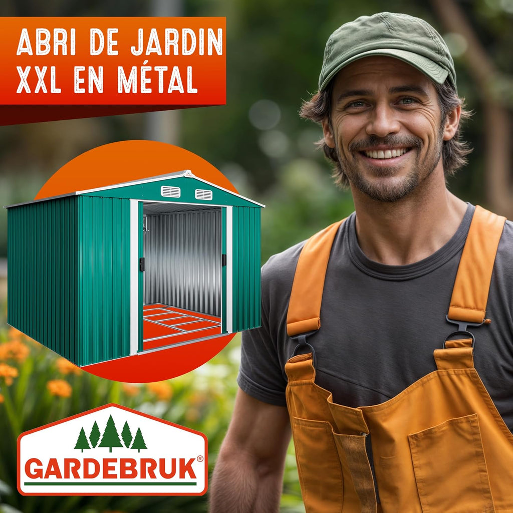 GARDEBRUK Abri de Jardin métal XXL 5m² Fondation 260x205x180cm Porte coulissante Vert cabane de Jardin cabanon Rangement Outils 9m³