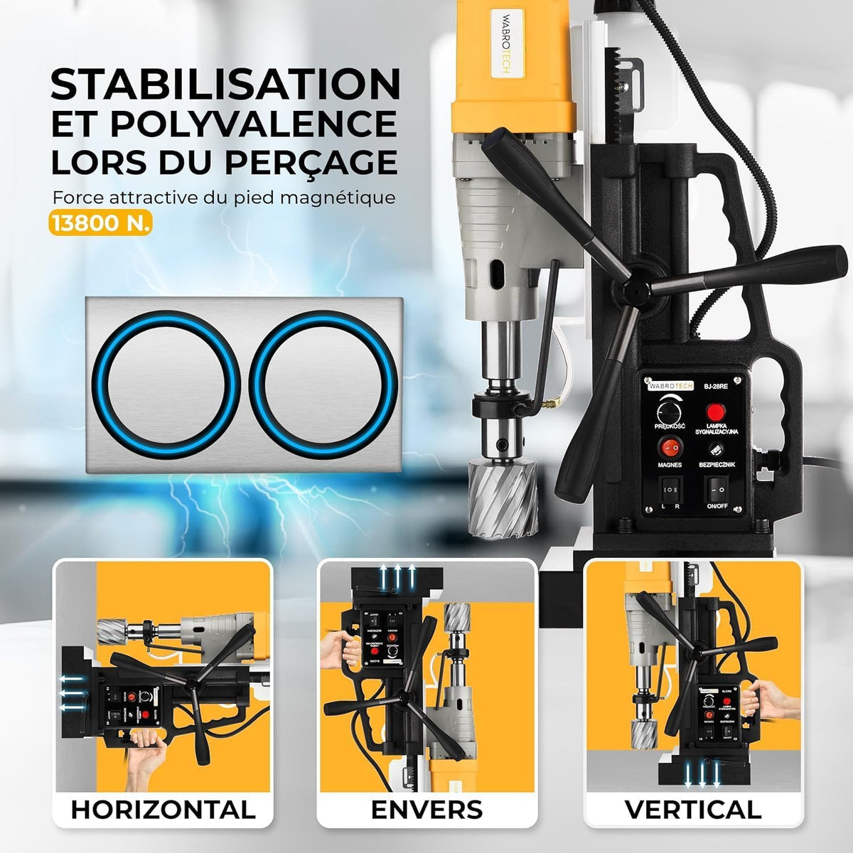 Perceuse Magnétique Carotteuse Fraiseuse Colonne Électro-Aimant WT28RE, FI 60 MM SET 3 2.080 W, 300 tr/min, diamètre Carottage max. 60 mm,diamètre Diamètre de perçage plein : 28mm +