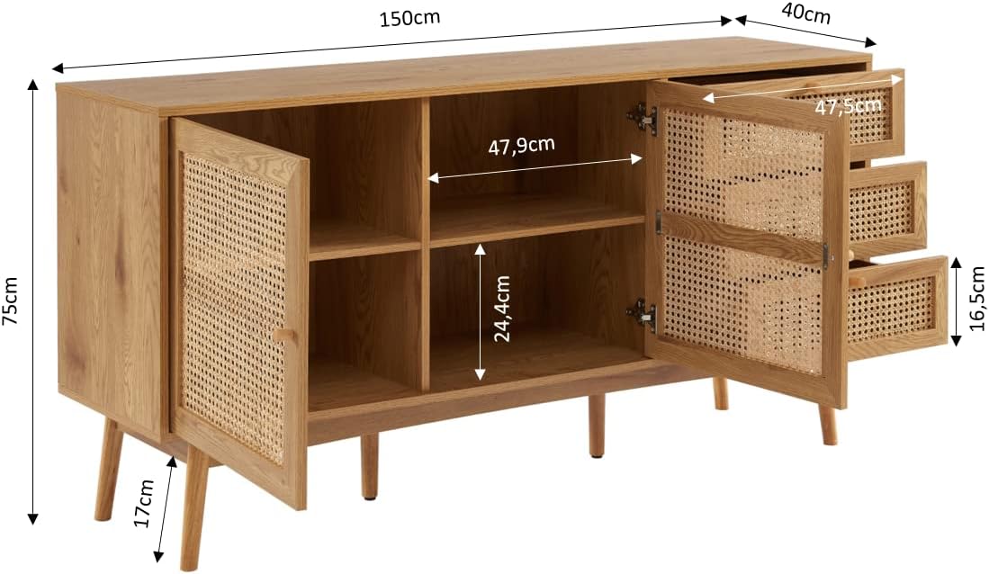 BAÏTA Buffet INES Effet chêne et cannage rotin l150cm