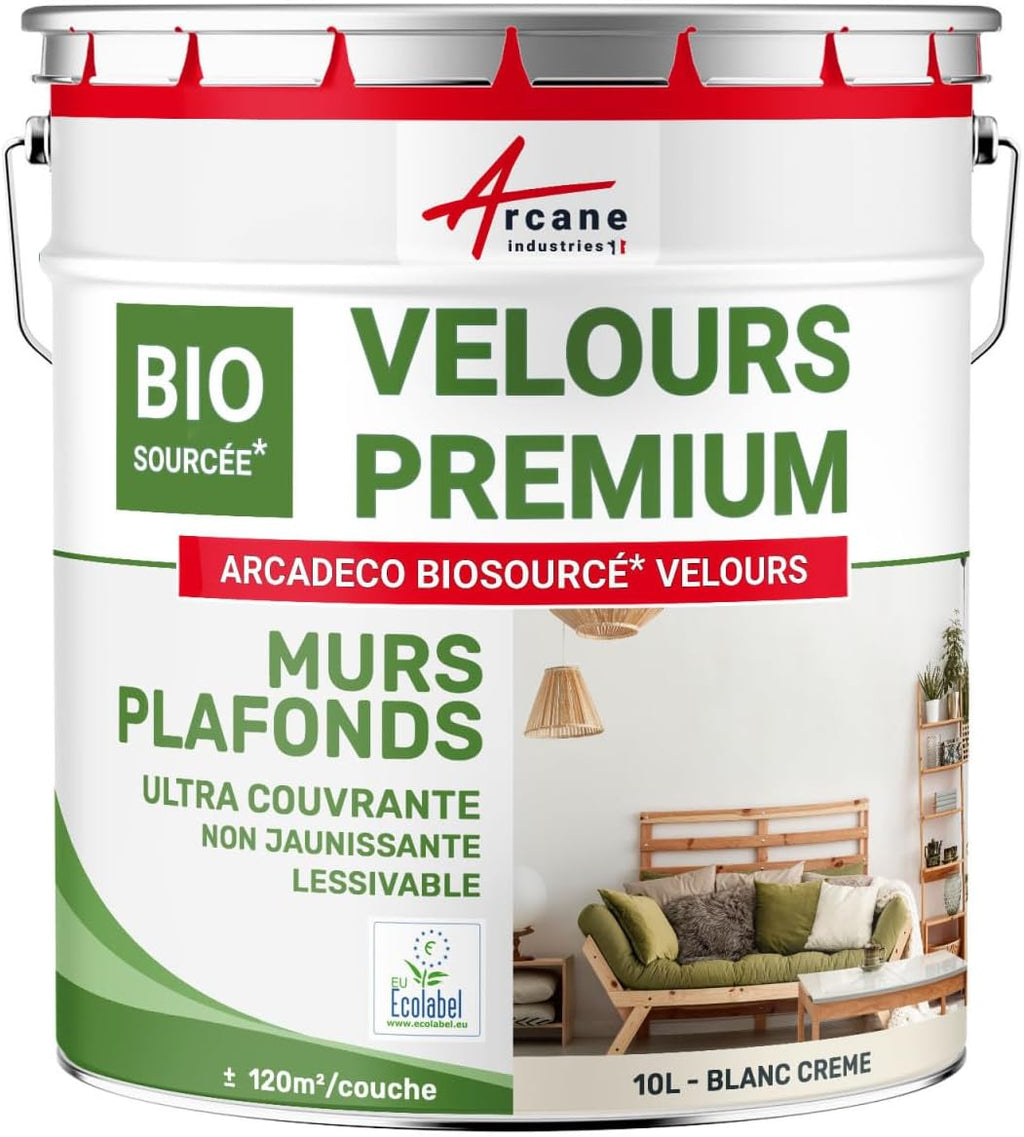 ARCANE INDUSTRIES Peinture Mur et Plafond, Satin, Velours, biosourcée - 10 L (+ ou - 120m² par Couche) Blanc Crème - RAL 9001