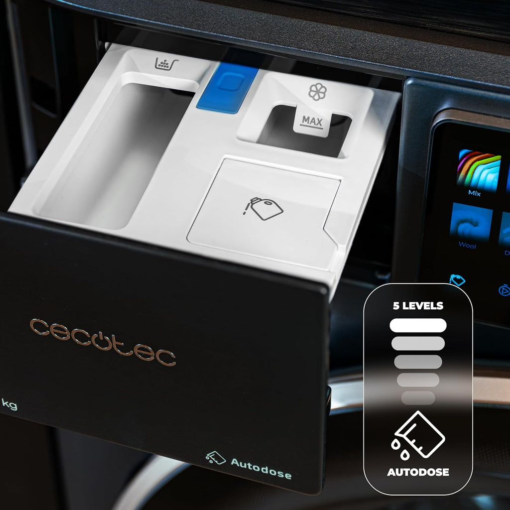 Cecotec Lave-linge 10Kg Chargement Frontal avec Autodose Bolero DressCode 10950 Autodose Inverter 3D Ice Blue A. 1400 tr/min, 13 Programmes, Basse Consommation, Moteur Inverter Plus