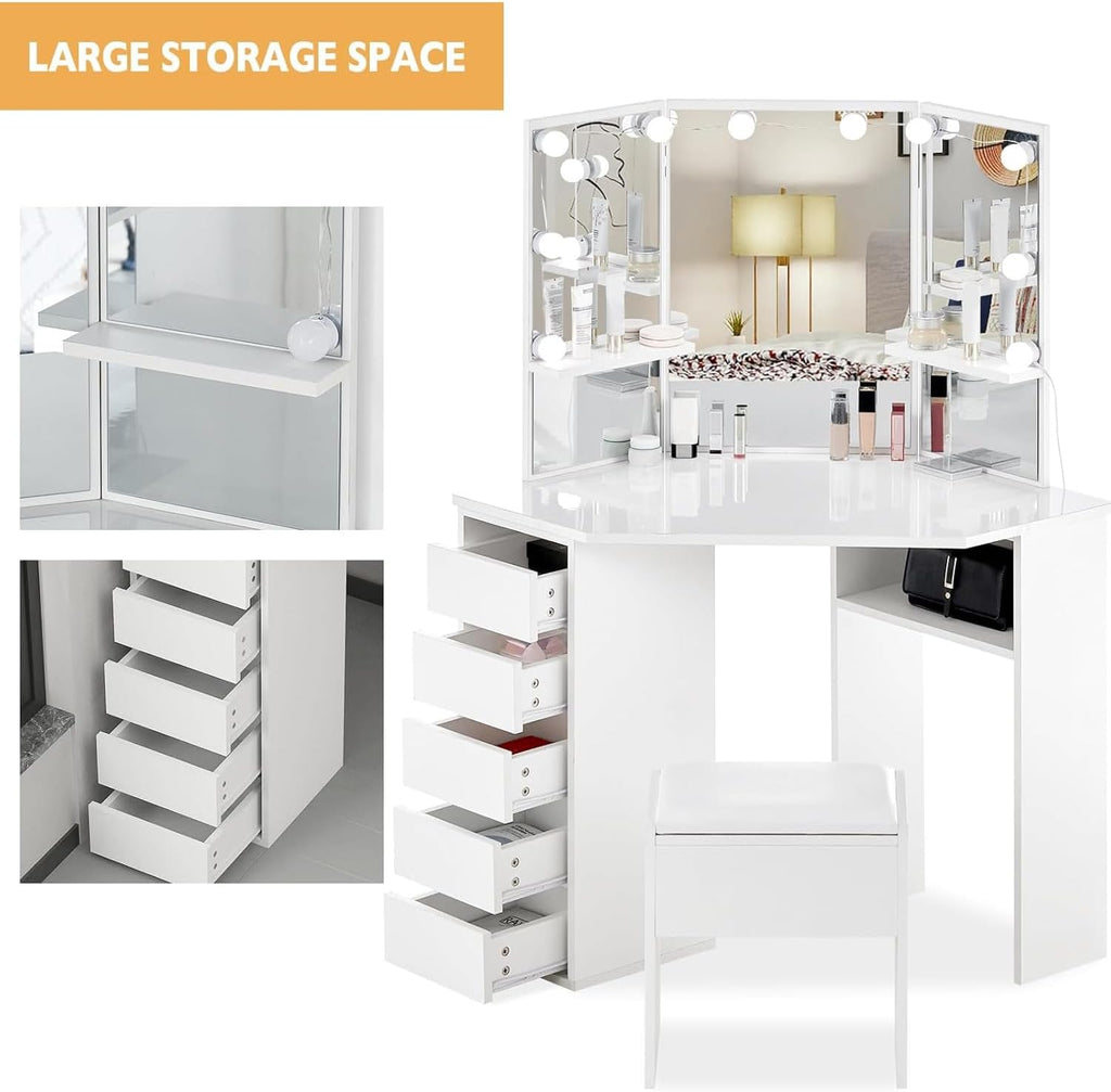 CLIPOP Coiffeuse avec Miroir LED à Luminosité Réglable et 5 Tiroirs Rangement Table de Maquillage Blanche Coiffeuse d'angle avec Tabouret Couffeuse en Bois 114 x 61 x 140 cm