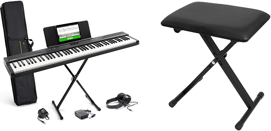 Alesis Clavier piano 88 touches avec 480 sons, haut-parleurs, MIDI USB, sac de transport, support & CASCHA Banc de Clavier réglable en Hauteur I Tabouret de Piano Pliable I Banc de Piano rembourré