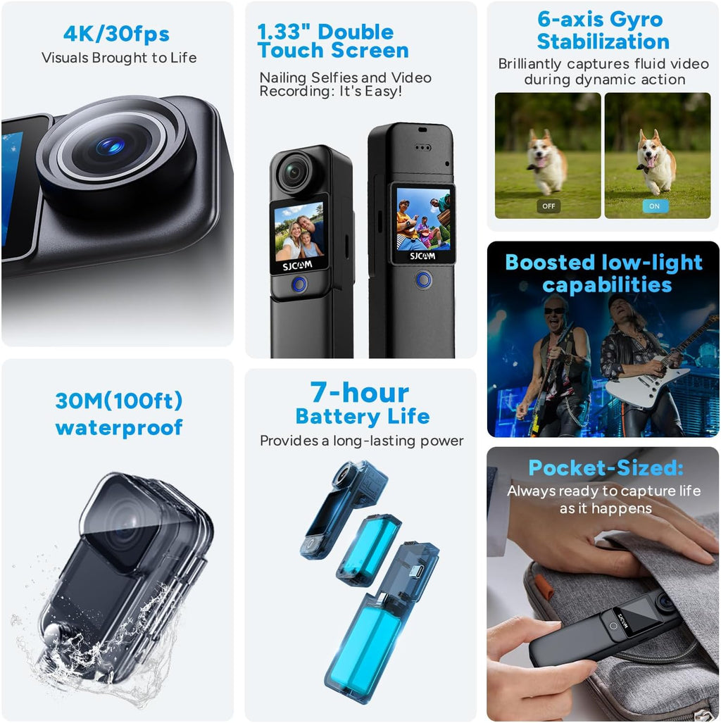 SJCAM C300 Caméra d'action de poche 4K, 7 heures d'autonomie, double écran tactile, noir
