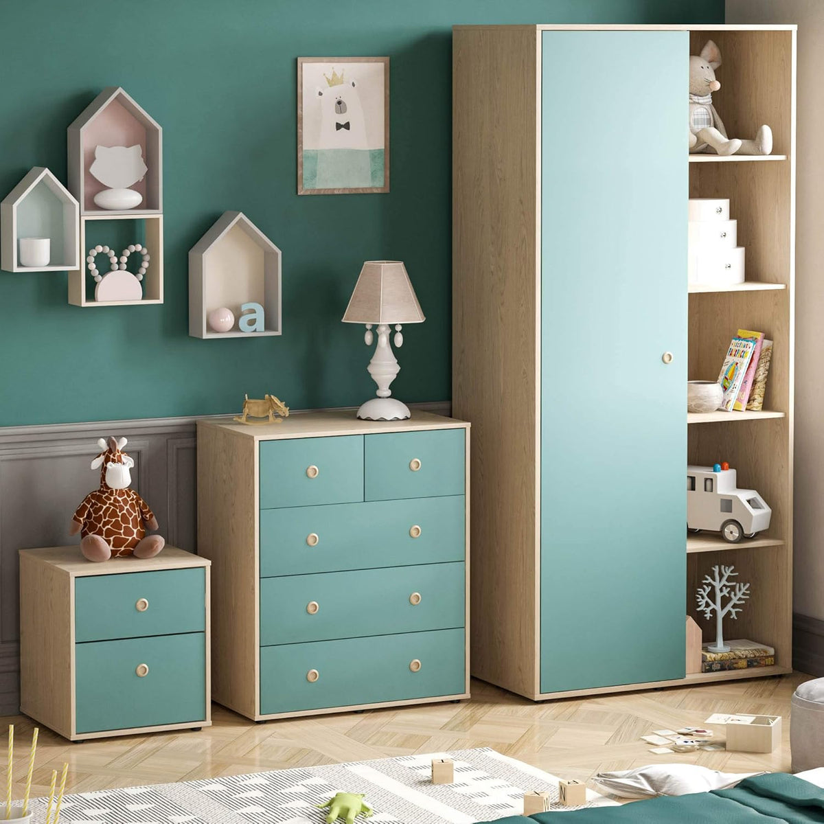 Junior Vida Neptune Ensemble de meubles de chambre à coucher 3 pièces avec table de chevet à 2 tiroirs, commode à 5 tiroirs, armoire à 1 porte (bleu et chêne)