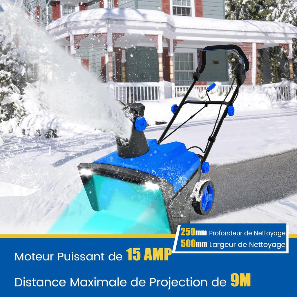 COSTWAY Déneigeuse Électrique avec 2 Lumières LED, Souffleuse à Neige Filaire 15 A 500 mm avec Goulotte Rotative à 180° Distance de Projection 9 m, pour Jardin Cour (Bleu)