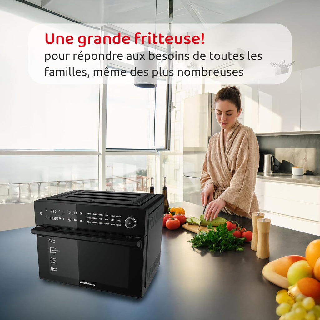 Melchioni Family | Heißluftfritteuse mit 30 Liter Kapazität BENEDETTA, Digitales Display, Dual Cook Funktion, Air Fryer mit 18 Programmen, 30-230°C, Timer 12h, Schwarz, Noire