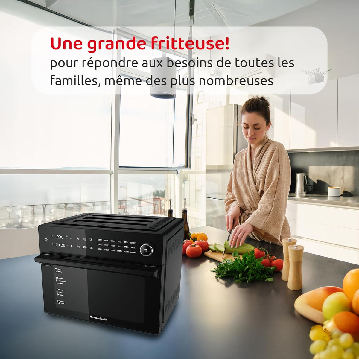 Melchioni Family | Heißluftfritteuse mit 30 Liter Kapazität BENEDETTA, Digitales Display, Dual Cook Funktion, Air Fryer mit 18 Programmen, 30-230°C, Timer 12h, Schwarz, Noire