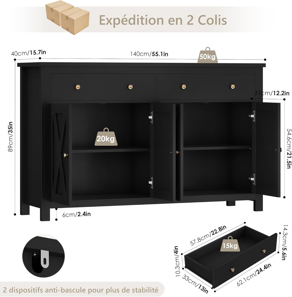 FirFurd Buffet Cuisine Meuble de Cuisine Rangement Buffet avec 4 Portes 2 Tiroirs Étagères Réglables Meuble de Rangement pour Salon Salle à Manger 140x40x89 cm Noir