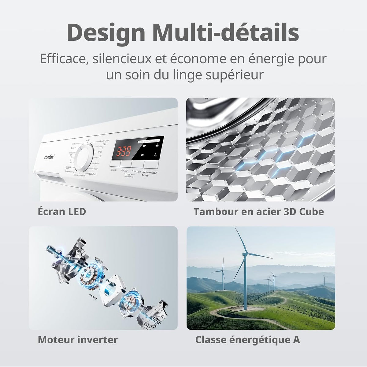 CFE12EW80-W-FR Lave-linge frontal 8KG, Classe énergétique A, Moteur BLDC 1400 tr-min, 15 Programmes, Prélavage, Blanc [Classe énergétique A]