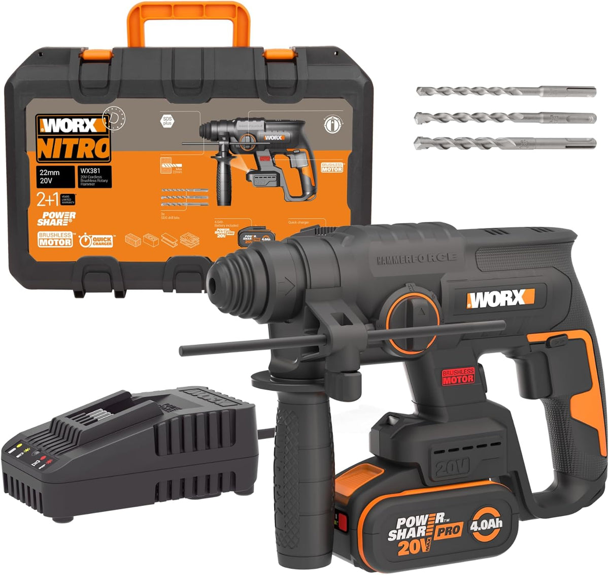 WORX Perforateur sans fil Brushless 20V WX381, 2J, 3 en 1, Perçage, Percussion, Burinage dans tous les matériaux, antivibrations, livré avec 1 Batterie 4Ah, Chargeur et Accessoires