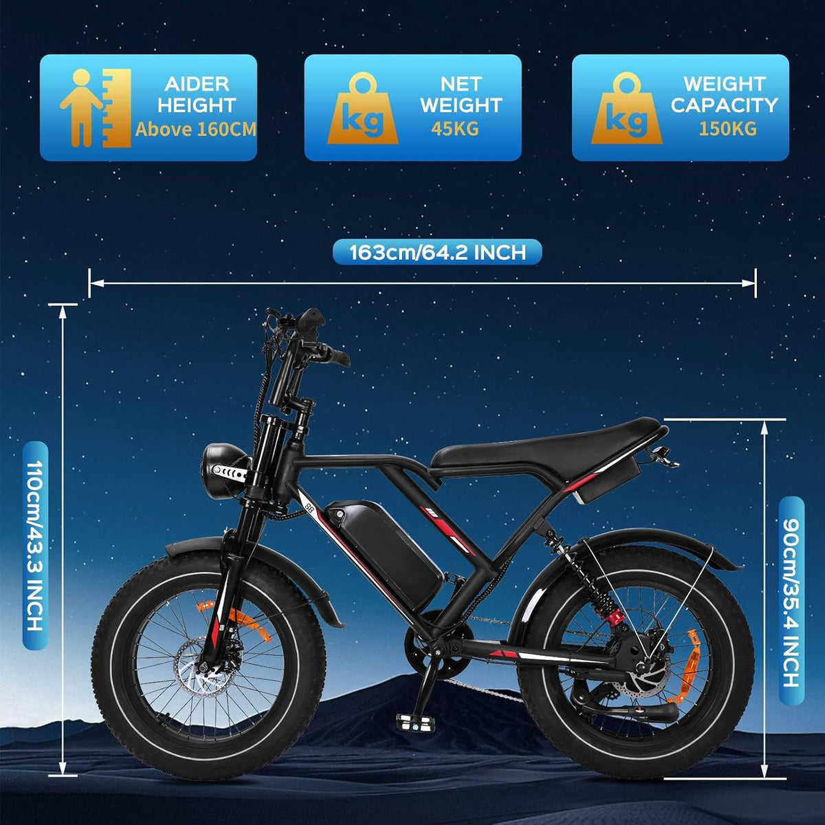 VéLo éLectrique Puissant, Suspension De Pneu De 20 Pouces, 48V/15/17.5/25AH, Moteur Unique, VéLo éLectrique Adapté Aux Trajets Quotidiens Et Hors Route pour Adultes, Charge Maximale De 150 Kg