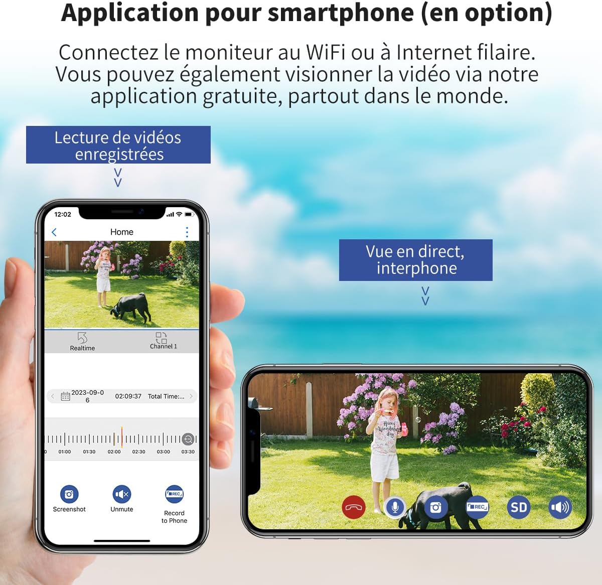 SecuFirst Kit 2K Caméra de Surveillance Extérieure sans Fil avec Moniteur intérieur,Écran Tactile 7",Vidéo Babyphone Camera,Travailler sans WiFi,Détecteur de Mouvement, Carte SD 64 Go, Interphone