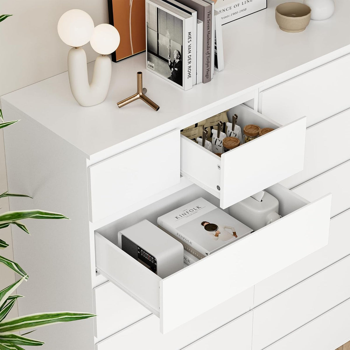 FOREHILL Commode 7 Tiroirs Commode Chambre Adulte Chiffonnier Haut Commodes Rangement Blanche Armoire à Tiroirs pour Salon Couloir en Bois 60x40x119cm