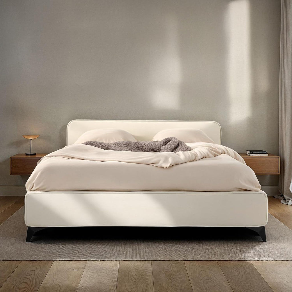 IDIMEX Lit Double Ravello 140x190 cm, Revêtement en Tissu, Lit Style Moderne pour 2 Personnes, Cadre de lit en Bois avec sommier Inclus, Blanc crème
