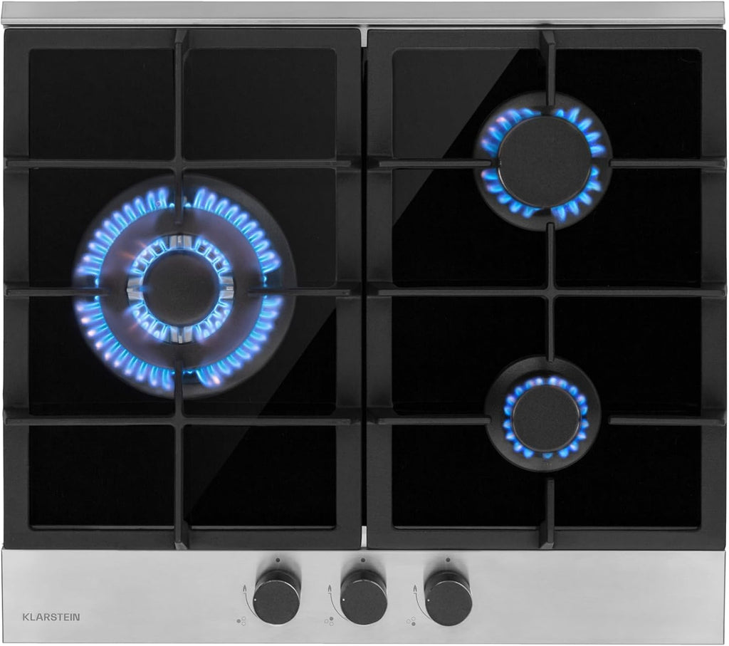 Klarstein Plaque de Cuisson Gaz 3 Feux, Table de Cuisson à Gaz à 3 Brûleurs, 6.2 kW, Piano Cuisine Gaz Encastrable en Acier Inoxydable