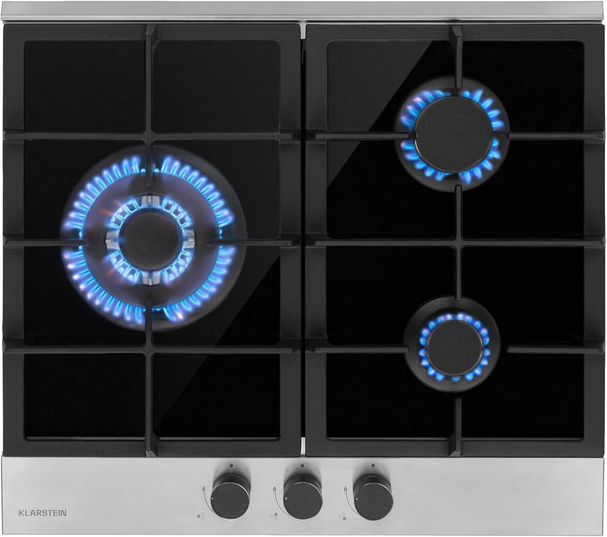Klarstein Plaque de Cuisson Gaz 3 Feux, Table de Cuisson à Gaz à 3 Brûleurs, 6.2 kW, Piano Cuisine Gaz Encastrable en Acier Inoxydable
