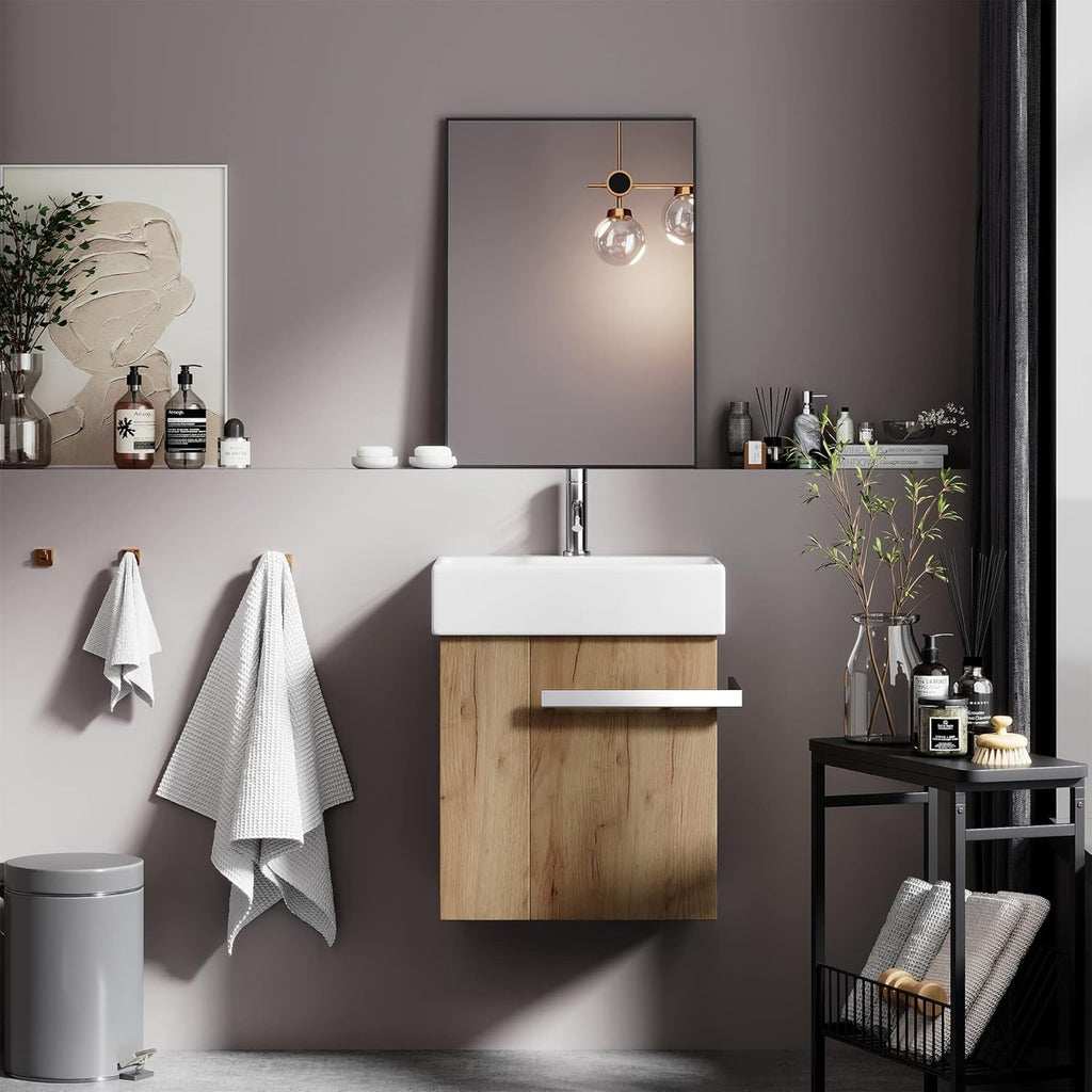 BRIDGE BENO Meuble De Salle De Bain De 50 cm avec Lavabo en Céramique, Tiroir À Fermeture Douce, Poignée Porte-Serviettes, Option Gauche/Droite, European Oak