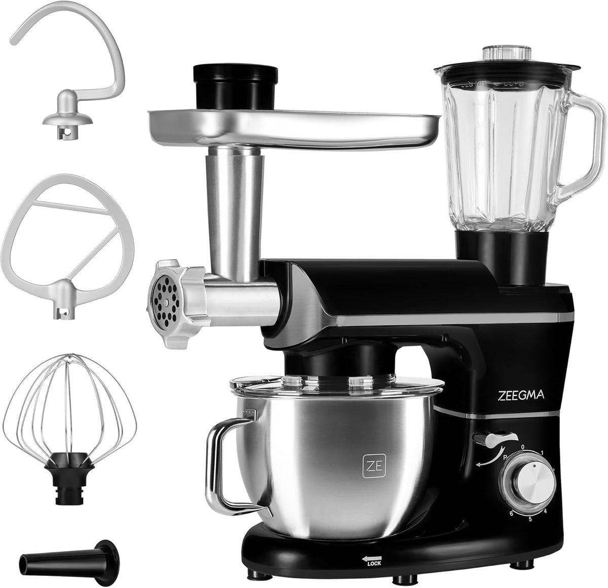 ZEEGMA PLANEET MULTI Robot Planétaire 1900W 3-in-1, Robot de Cuisine Multifonction avec bol de 6,2 L, Poignée et Couvercle, Gobelet Mixeur, Hachoir 6 Vitesses