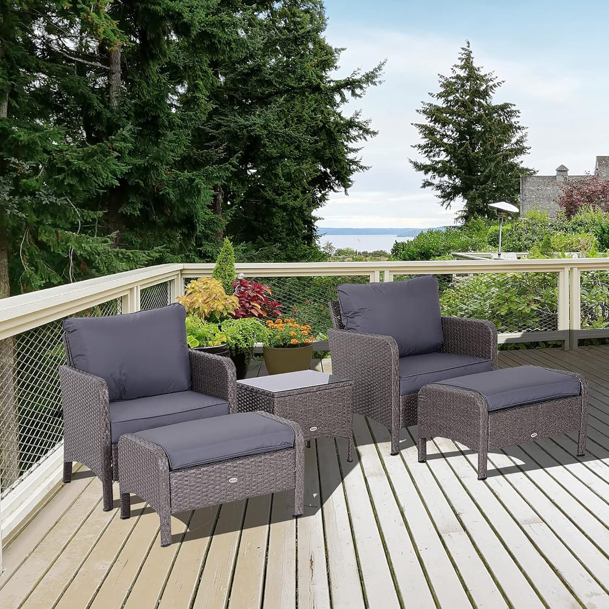 Outsunny Lot de 2 fauteuils de Jardin Grand Confort Repose-Pied Table Basse résine tressée Imitation rotin Coussins Gris
