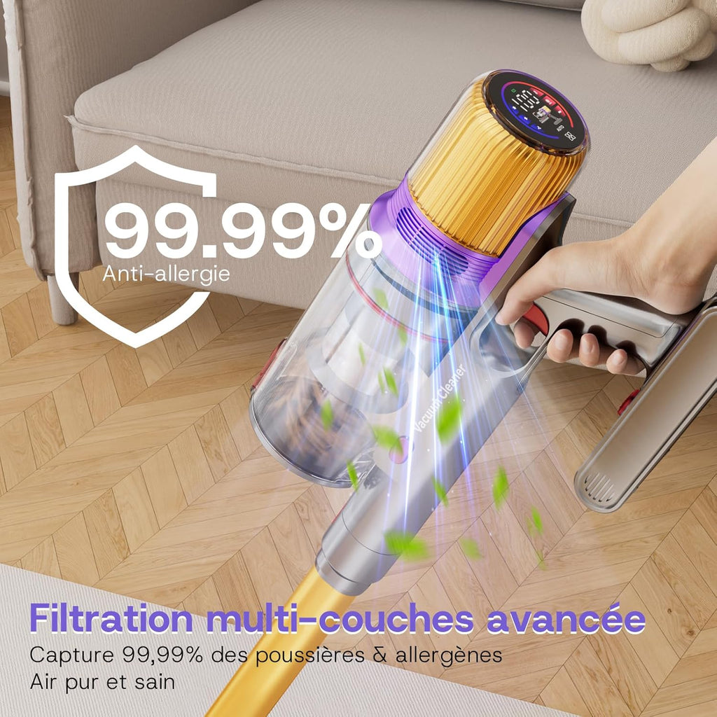 V16 Aspirateur Balai sans Fil 55Kpa/600W/80Mins, Aspirateur sans Fil Puissant, Écrans Tactiles LED, Mode Automatique, Brosse Anti-Emmêlement pour Tapis, Sols Durs et Poils d'animaux
