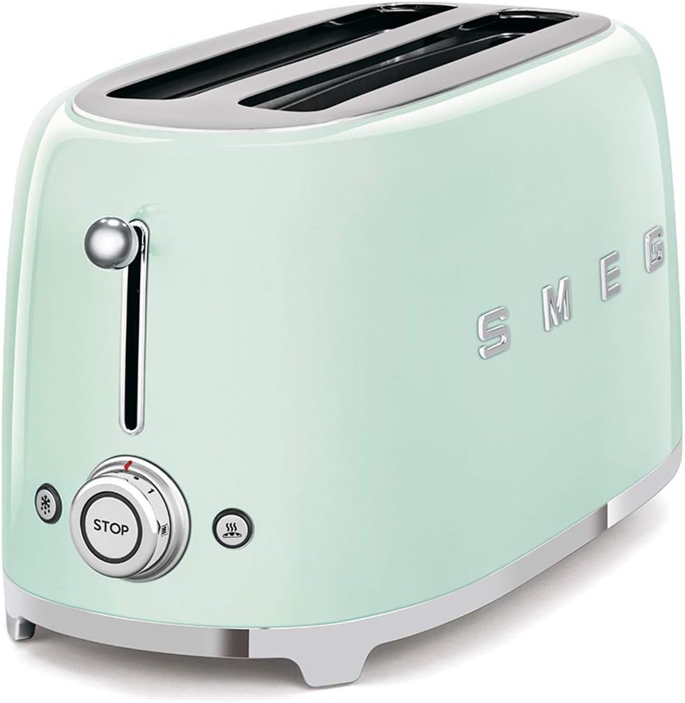 Smeg, Grille-pain 4 Tranches TSF02PGEU, 2 Fentes 36 mm, 6 Niveaux de Brunissage, Fonction Chauffage, Décongélation et Bagel, Éjection Automatique du Pain, Ramasse Miettes, 1500 W, Vert Pastel